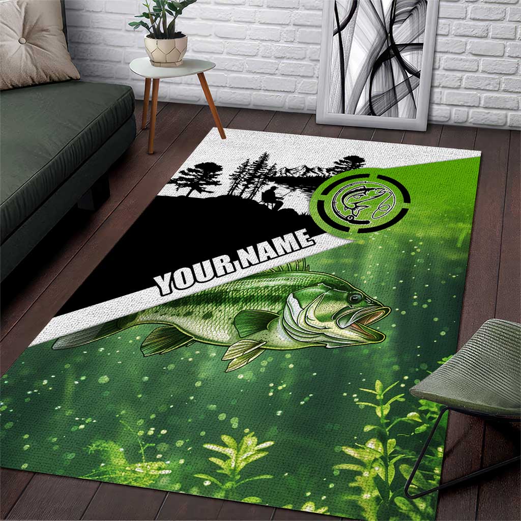 Green and Black Largemouth Bass Fishing Area Rug Custom Name Design and Angler Silhouette Illustration - Wonder Print Shop