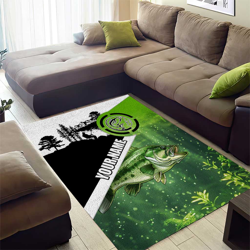 Green and Black Largemouth Bass Fishing Area Rug Custom Name Design and Angler Silhouette Illustration - Wonder Print Shop