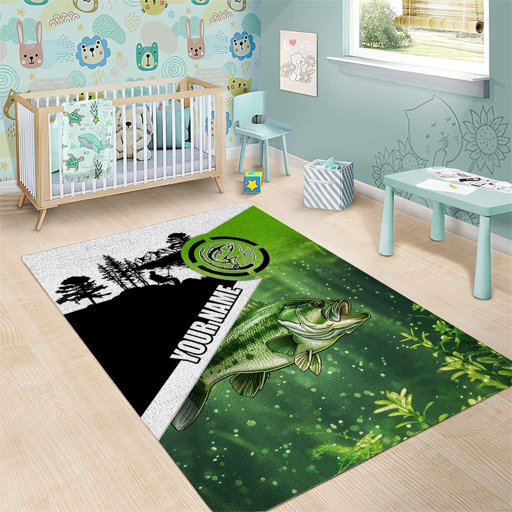 Green and Black Largemouth Bass Fishing Area Rug Custom Name Design and Angler Silhouette Illustration - Wonder Print Shop