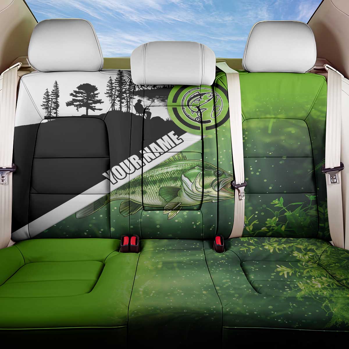 Green and Black Largemouth Bass Fishing Back Car Seat Cover Custom Name Design and Angler Silhouette Illustration - Wonder Print Shop