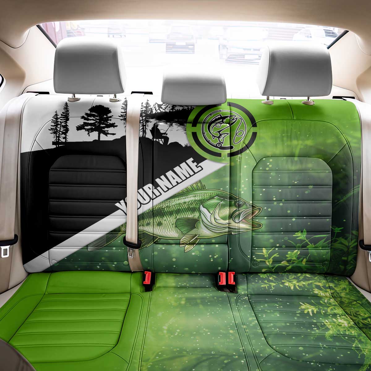 Green and Black Largemouth Bass Fishing Back Car Seat Cover Custom Name Design and Angler Silhouette Illustration - Wonder Print Shop