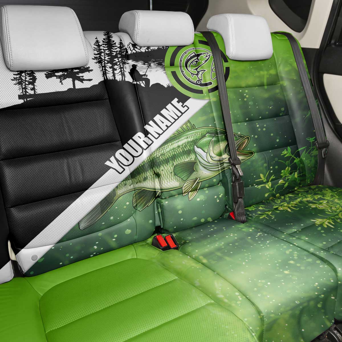 Green and Black Largemouth Bass Fishing Back Car Seat Cover Custom Name Design and Angler Silhouette Illustration - Wonder Print Shop