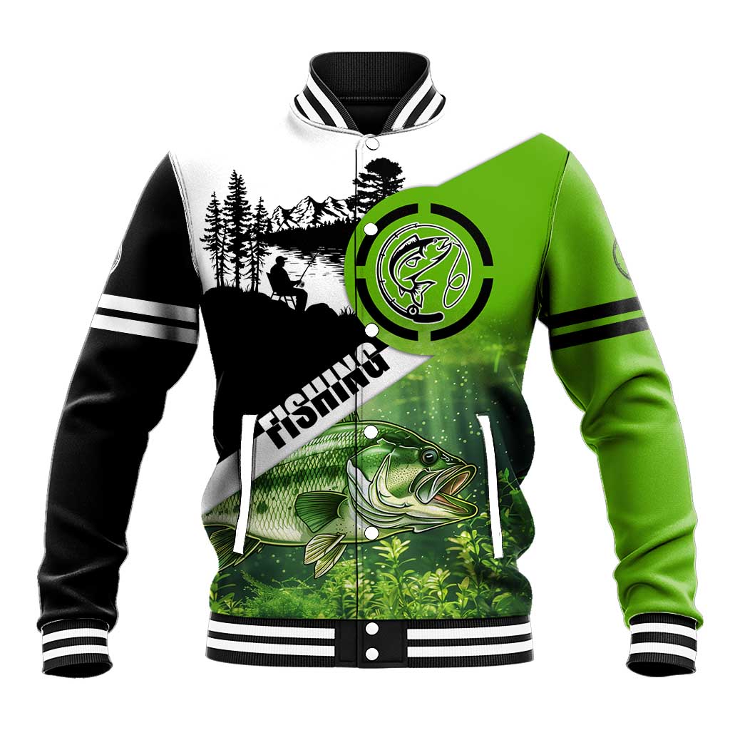 Green and Black Largemouth Bass Fishing Baseball Jacket Custom Name Design and Angler Silhouette Illustration - Wonder Print Shop