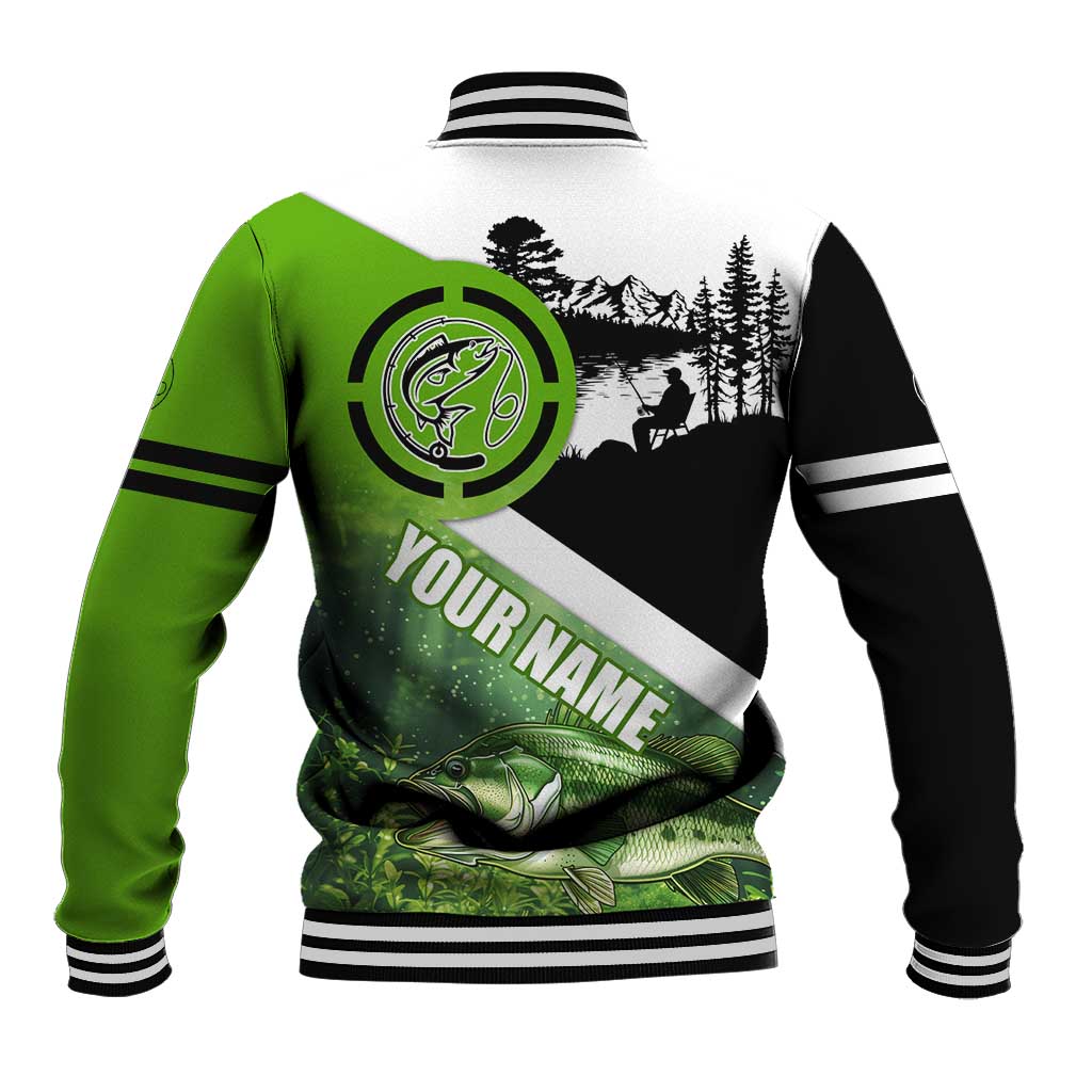Green and Black Largemouth Bass Fishing Baseball Jacket Custom Name Design and Angler Silhouette Illustration - Wonder Print Shop