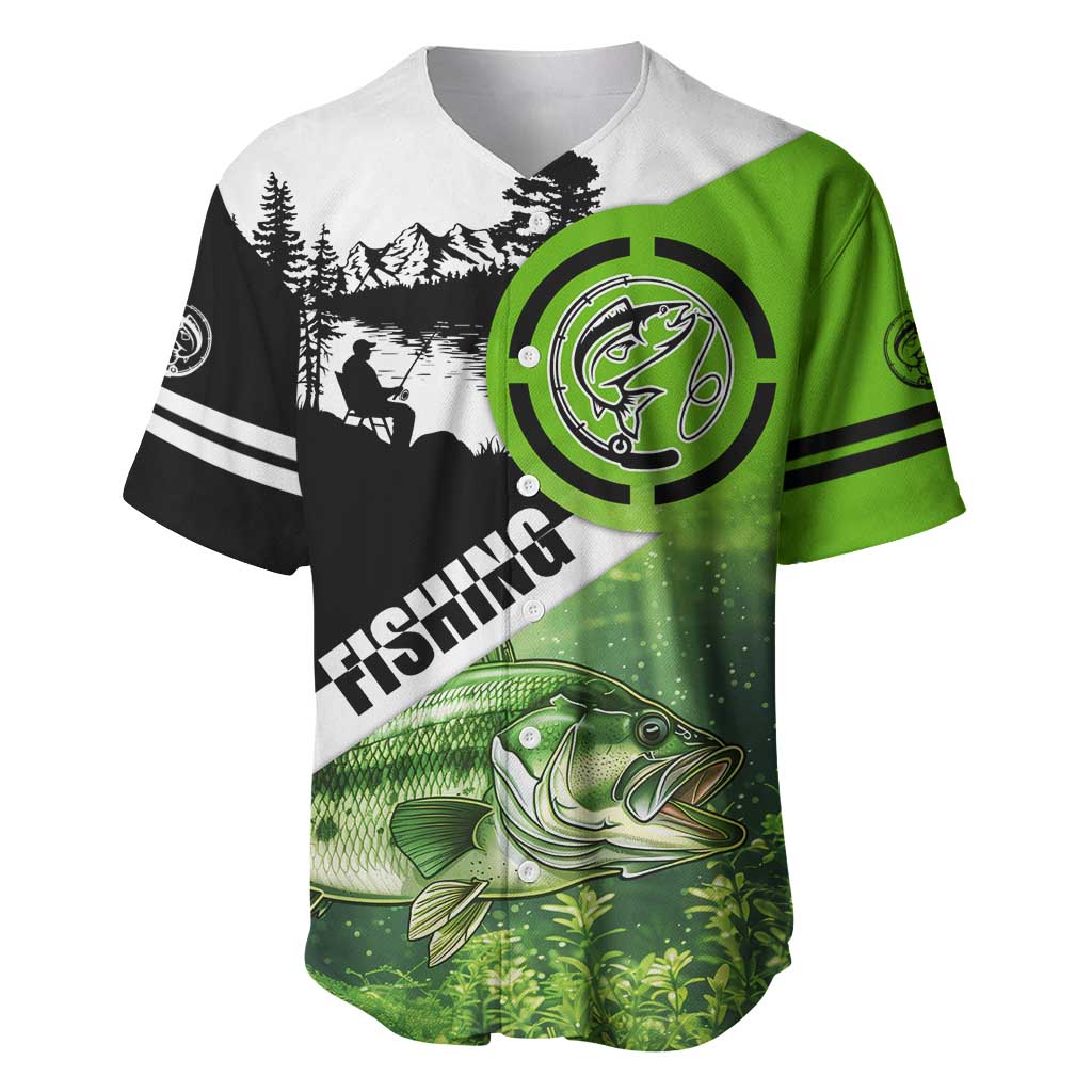 Green and Black Largemouth Bass Fishing Baseball Jersey Custom Name Design and Angler Silhouette Illustration - Wonder Print Shop