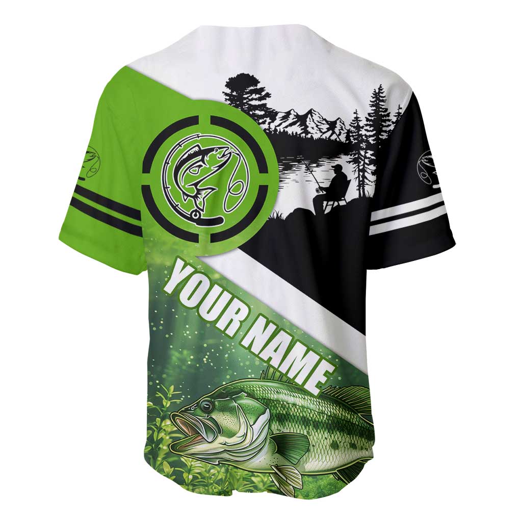Green and Black Largemouth Bass Fishing Baseball Jersey Custom Name Design and Angler Silhouette Illustration - Wonder Print Shop