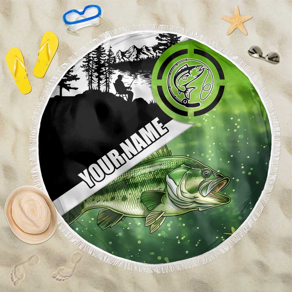 Green and Black Largemouth Bass Fishing Beach Blanket Custom Name Design and Angler Silhouette Illustration - Wonder Print Shop