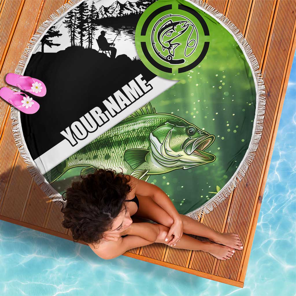 Green and Black Largemouth Bass Fishing Beach Blanket Custom Name Design and Angler Silhouette Illustration - Wonder Print Shop