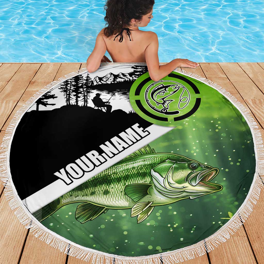 Green and Black Largemouth Bass Fishing Beach Blanket Custom Name Design and Angler Silhouette Illustration - Wonder Print Shop