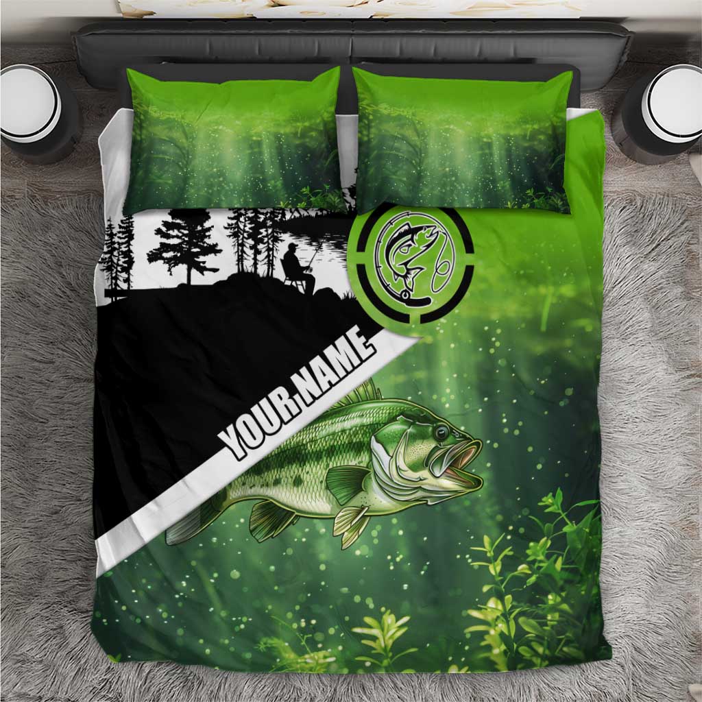Green and Black Largemouth Bass Fishing Bedding Set Custom Name Design and Angler Silhouette Illustration - Wonder Print Shop