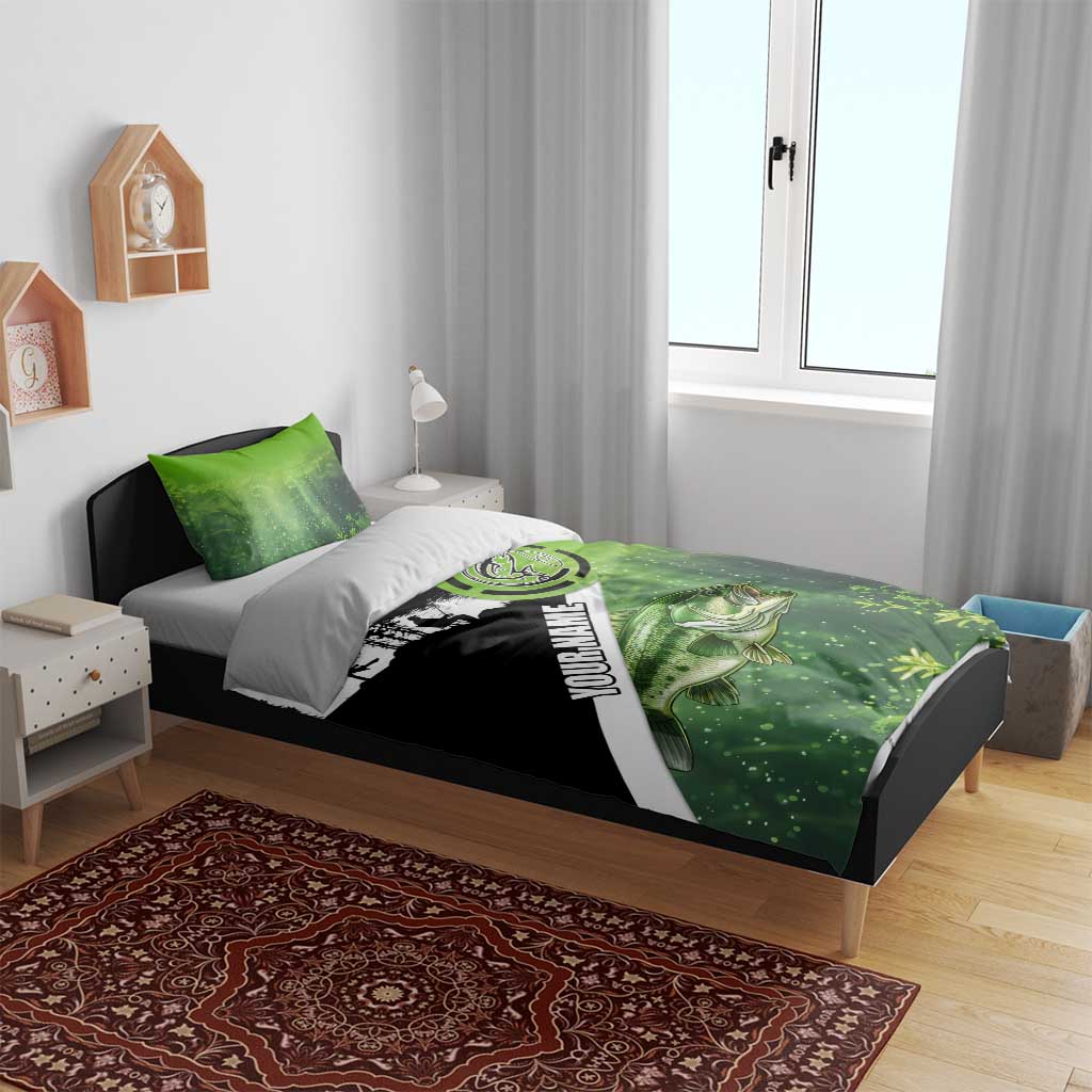 Green and Black Largemouth Bass Fishing Bedding Set Custom Name Design and Angler Silhouette Illustration - Wonder Print Shop