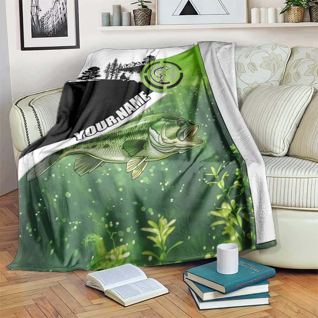 Green and Black Largemouth Bass Fishing Blanket Custom Name Design and Angler Silhouette Illustration - Wonder Print Shop