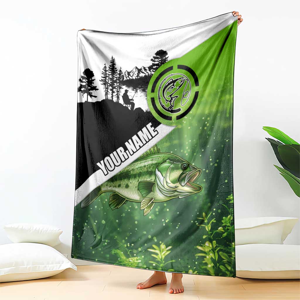 Green and Black Largemouth Bass Fishing Blanket Custom Name Design and Angler Silhouette Illustration - Wonder Print Shop