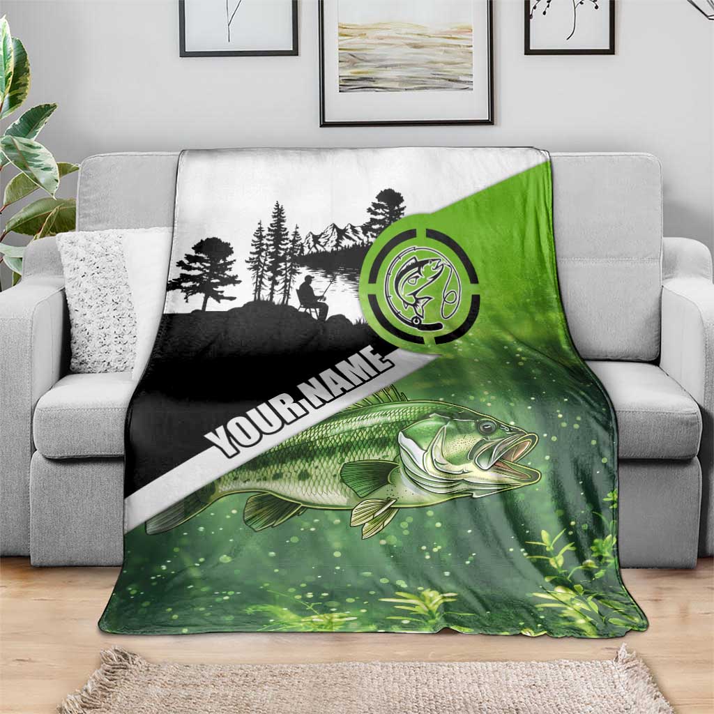 Green and Black Largemouth Bass Fishing Blanket Custom Name Design and Angler Silhouette Illustration - Wonder Print Shop