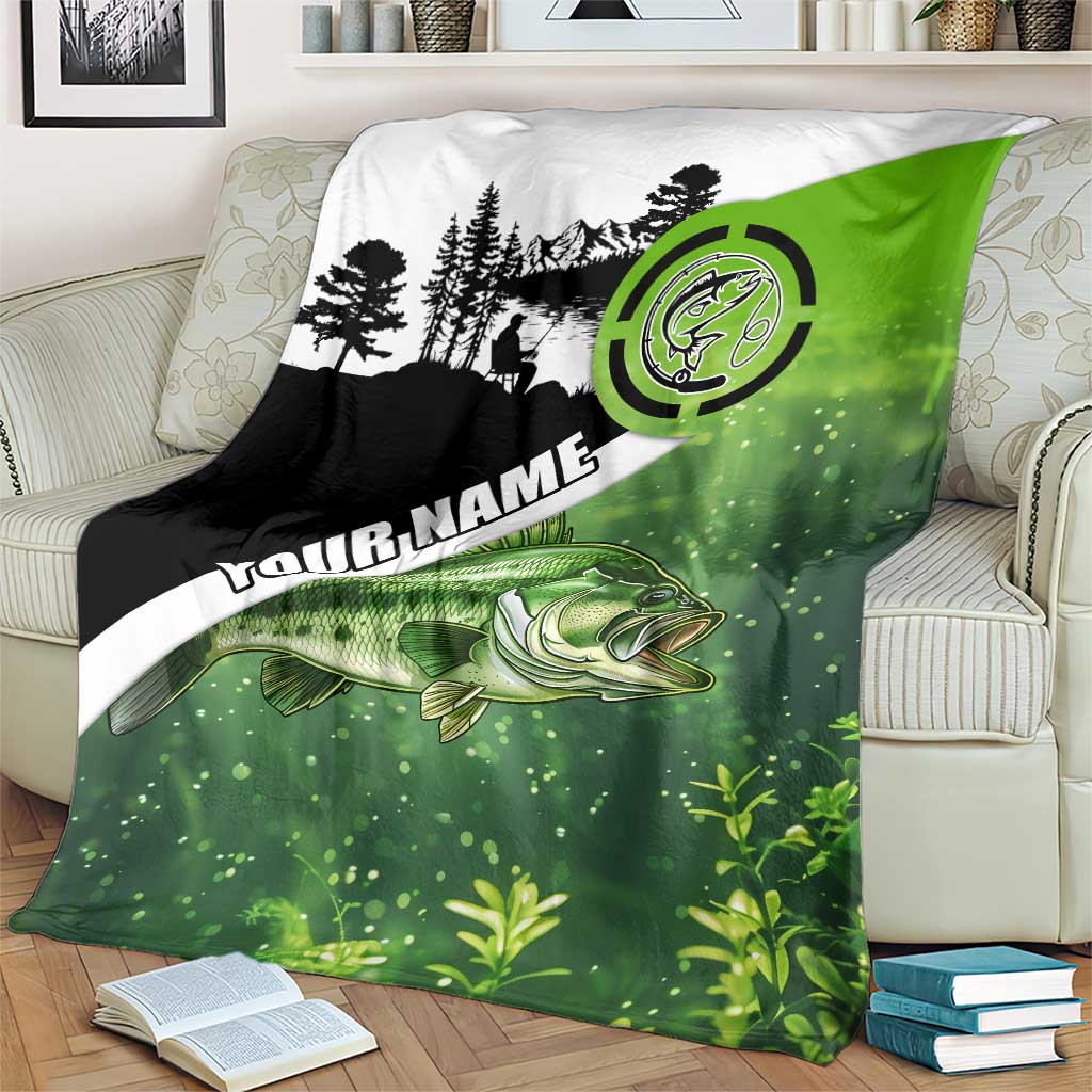 Green and Black Largemouth Bass Fishing Blanket Custom Name Design and Angler Silhouette Illustration - Wonder Print Shop