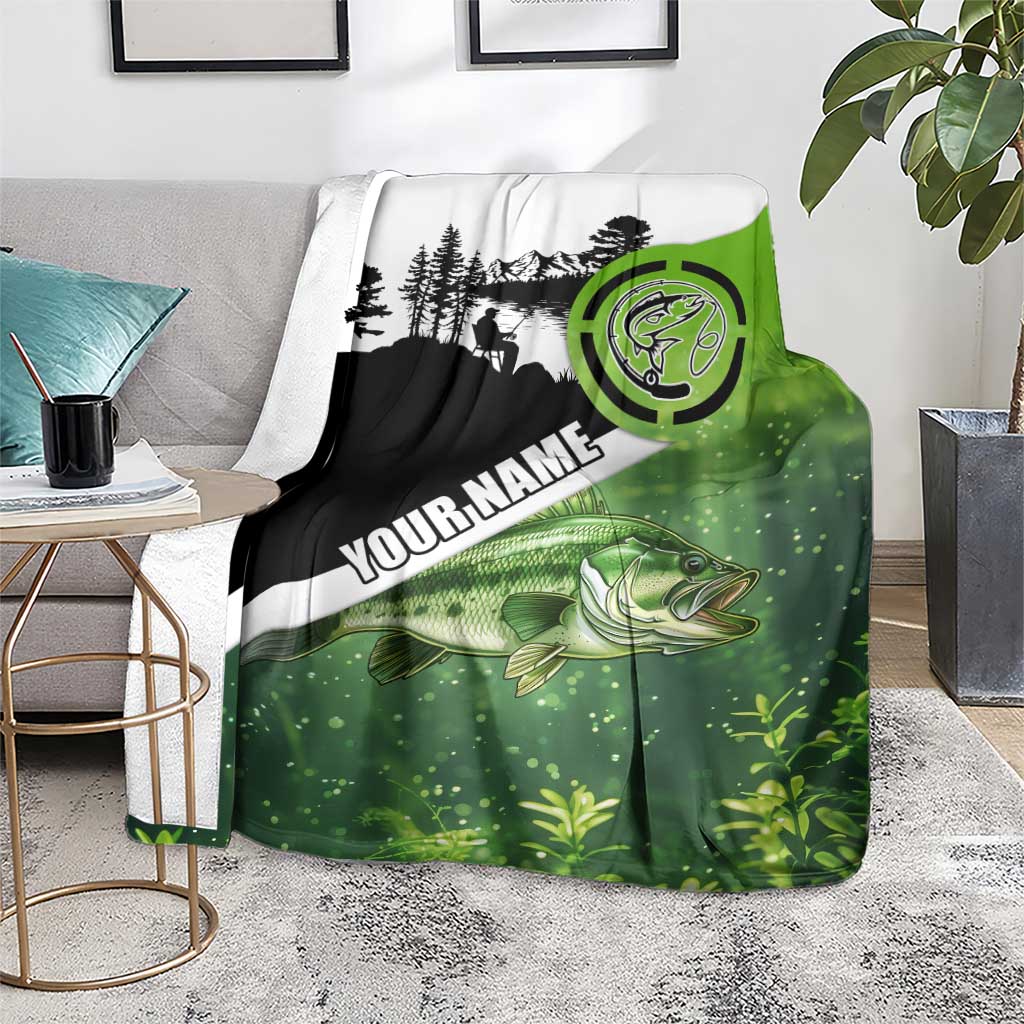 Green and Black Largemouth Bass Fishing Blanket Custom Name Design and Angler Silhouette Illustration - Wonder Print Shop