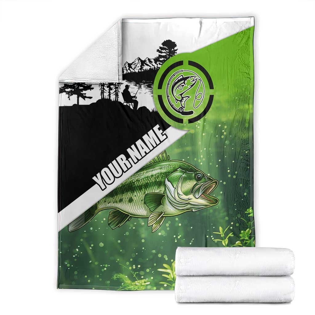 Green and Black Largemouth Bass Fishing Blanket Custom Name Design and Angler Silhouette Illustration - Wonder Print Shop