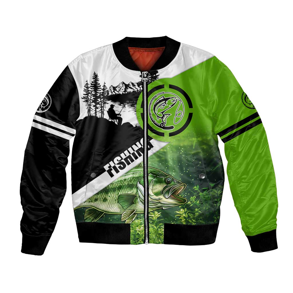 Green and Black Largemouth Bass Fishing Bomber Jacket Custom Name Design and Angler Silhouette Illustration - Wonder Print Shop