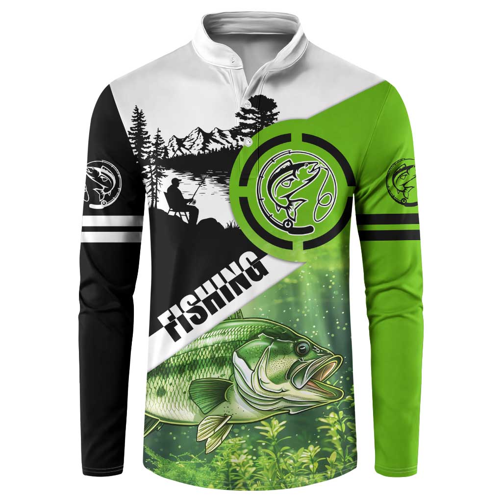 Green and Black Largemouth Bass Fishing Button Sweatshirt Custom Name Design and Angler Silhouette Illustration - Wonder Print Shop