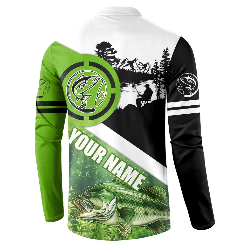 Green and Black Largemouth Bass Fishing Button Sweatshirt Custom Name Design and Angler Silhouette Illustration - Wonder Print Shop