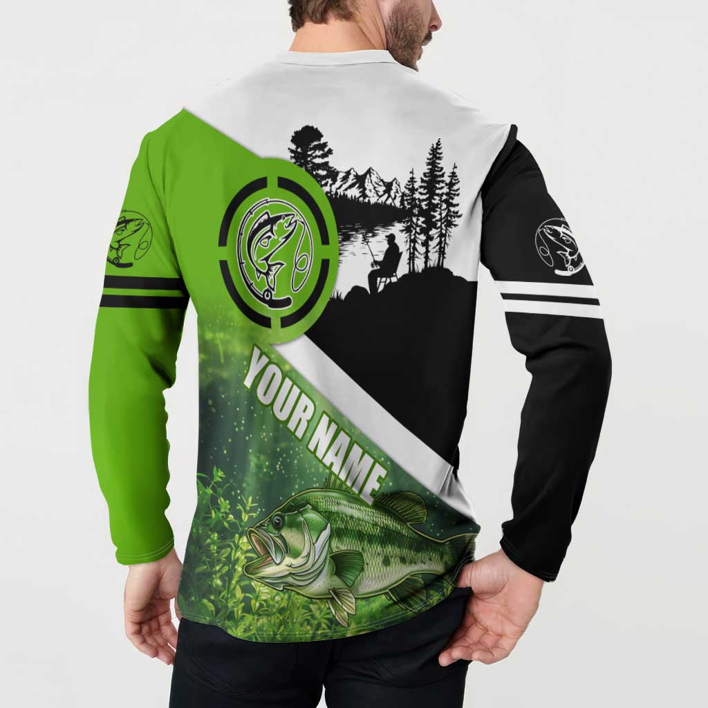 Green and Black Largemouth Bass Fishing Button Sweatshirt Custom Name Design and Angler Silhouette Illustration - Wonder Print Shop
