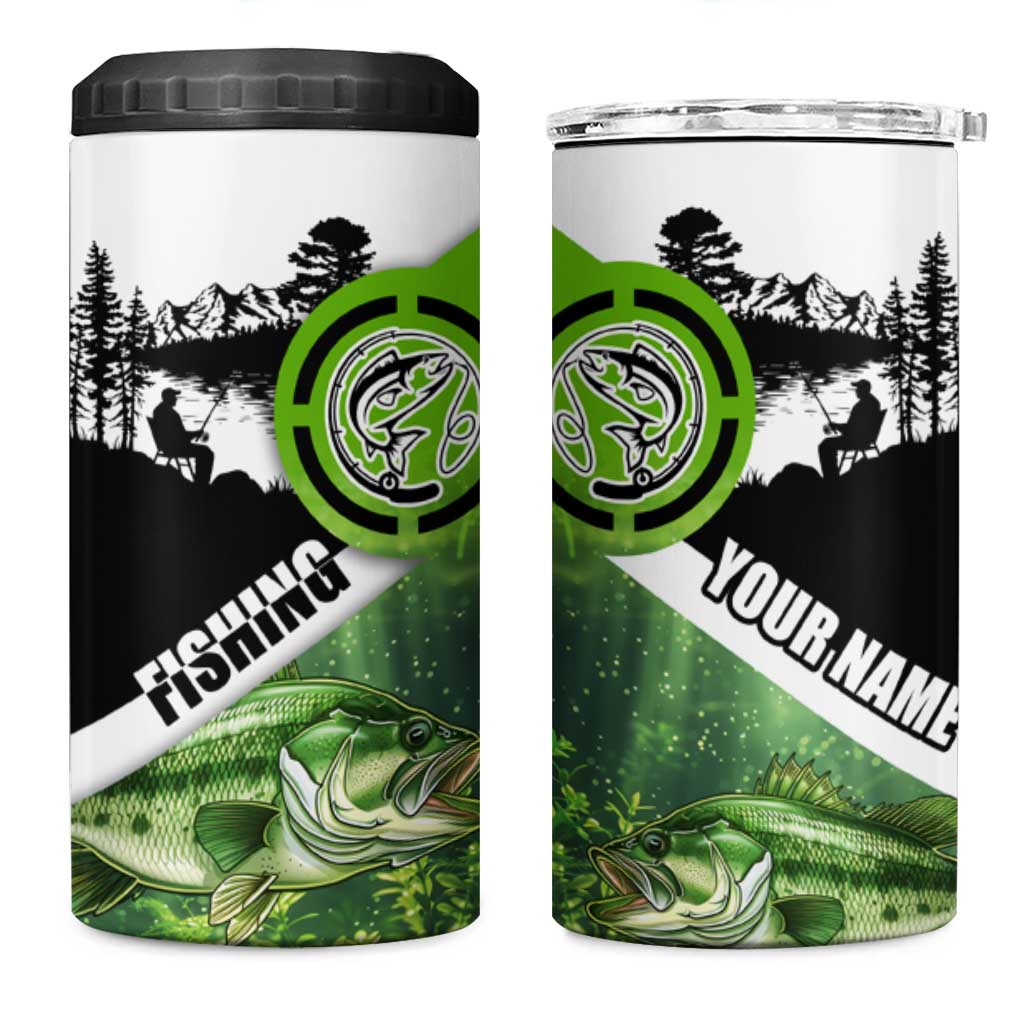 Green and Black Largemouth Bass Fishing 4 in 1 Can Cooler Tumbler Custom Name Design and Angler Silhouette Illustration - Wonder Print Shop