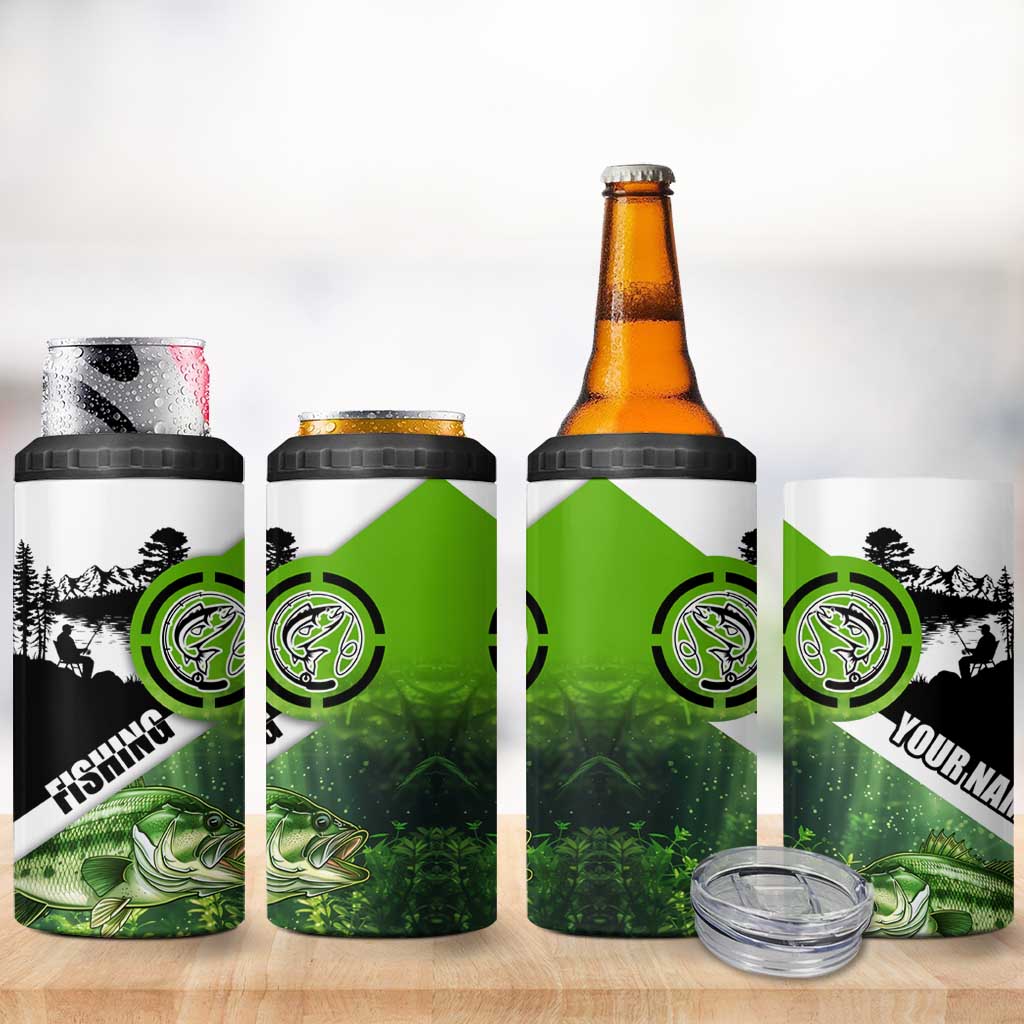 Green and Black Largemouth Bass Fishing 4 in 1 Can Cooler Tumbler Custom Name Design and Angler Silhouette Illustration - Wonder Print Shop