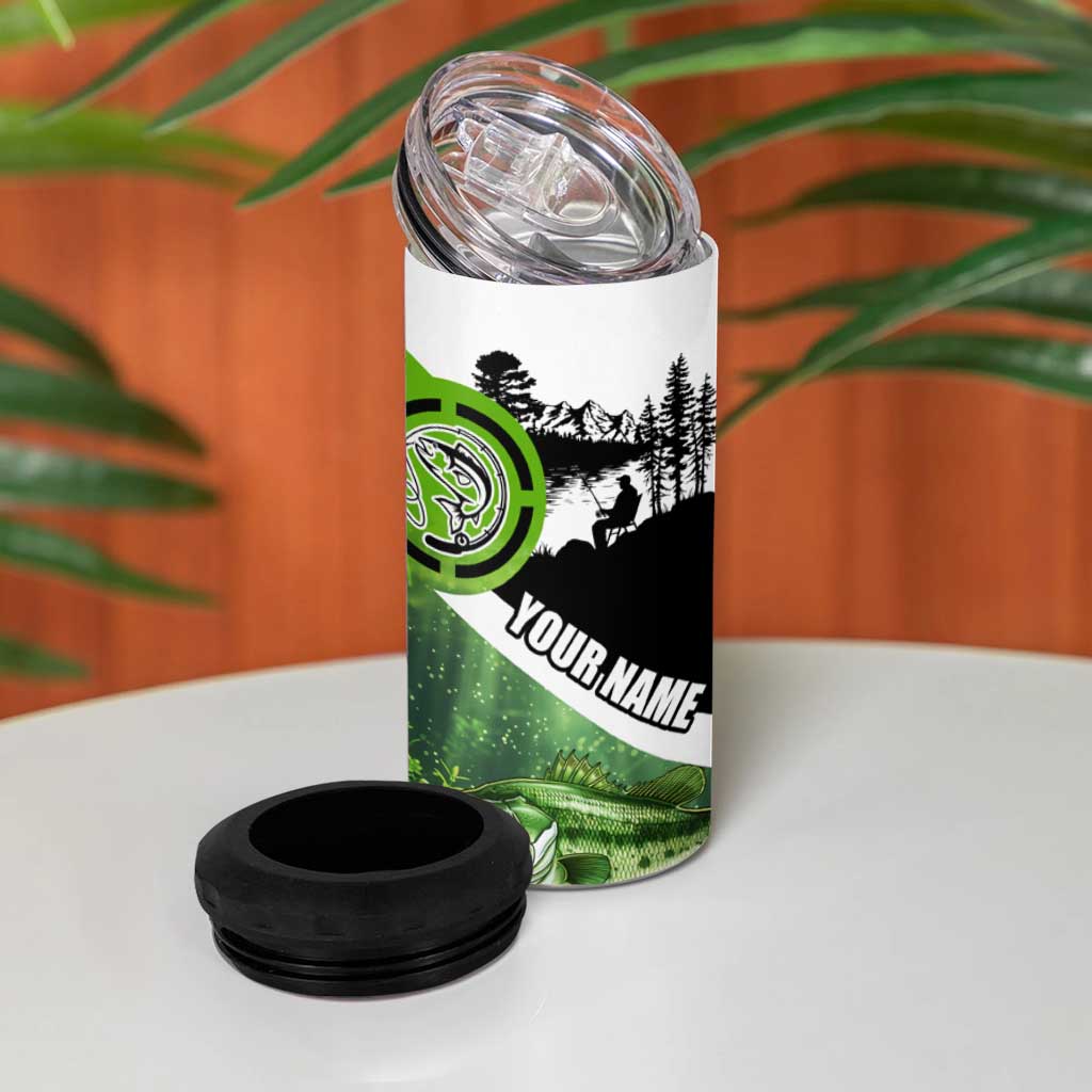 Green and Black Largemouth Bass Fishing 4 in 1 Can Cooler Tumbler Custom Name Design and Angler Silhouette Illustration - Wonder Print Shop