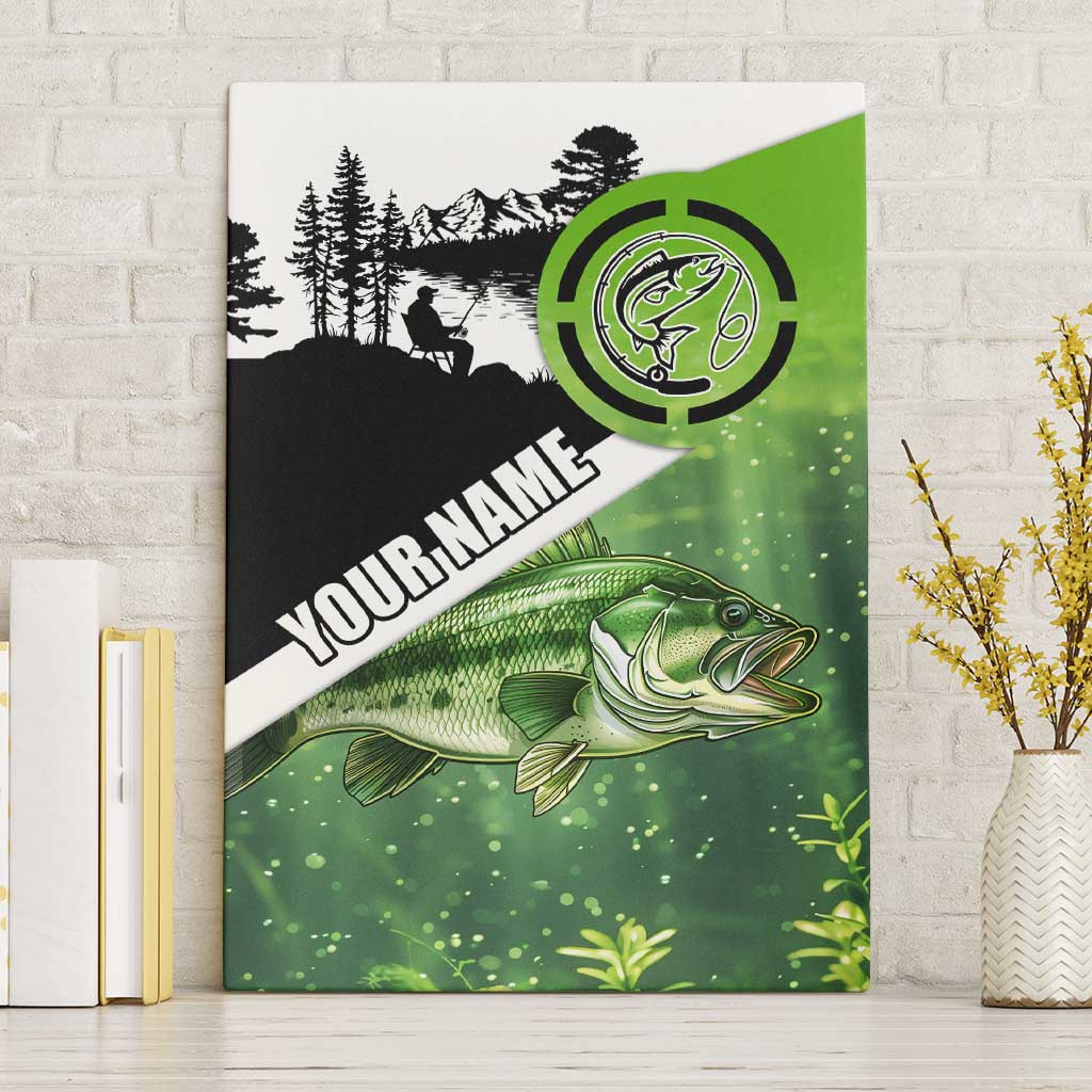 Green and Black Largemouth Bass Fishing Canvas Wall Art Custom Name Design and Angler Silhouette Illustration - Wonder Print Shop