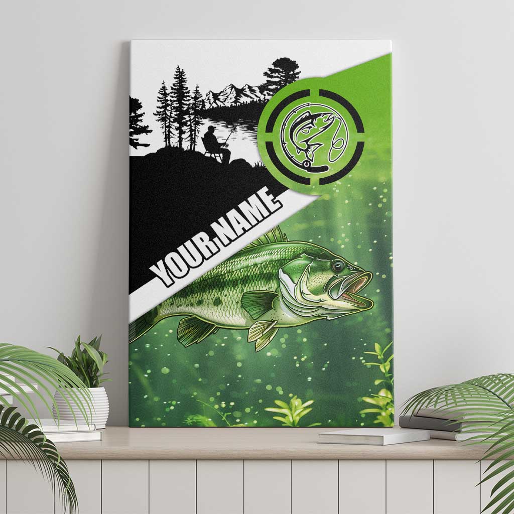 Green and Black Largemouth Bass Fishing Canvas Wall Art Custom Name Design and Angler Silhouette Illustration - Wonder Print Shop