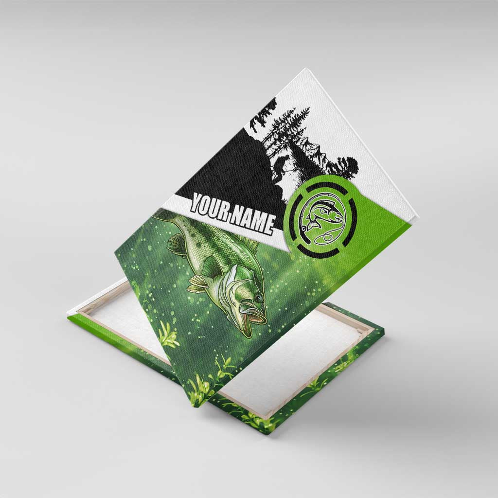 Green and Black Largemouth Bass Fishing Canvas Wall Art Custom Name Design and Angler Silhouette Illustration - Wonder Print Shop