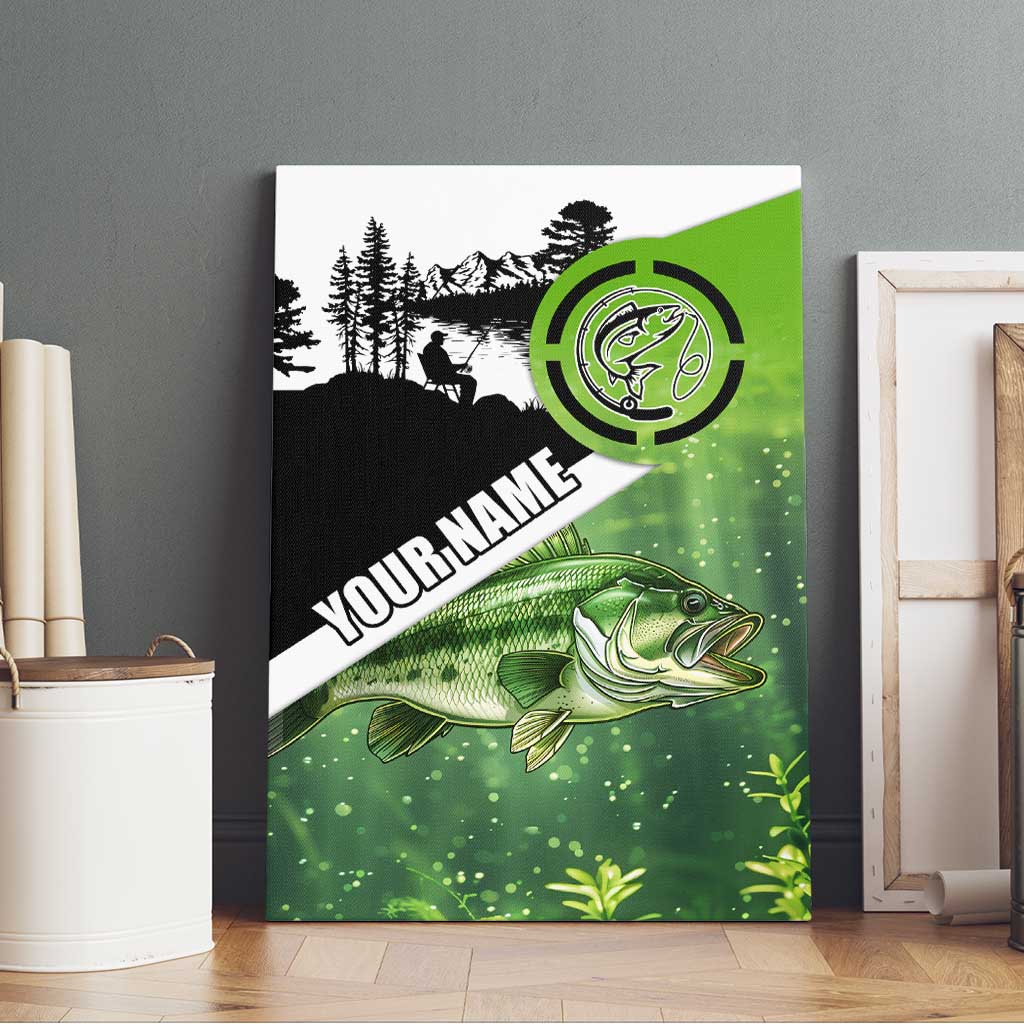 Green and Black Largemouth Bass Fishing Canvas Wall Art Custom Name Design and Angler Silhouette Illustration - Wonder Print Shop
