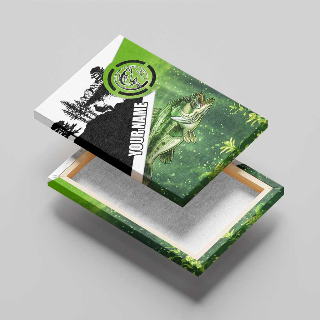 Green and Black Largemouth Bass Fishing Canvas Wall Art Custom Name Design and Angler Silhouette Illustration - Wonder Print Shop