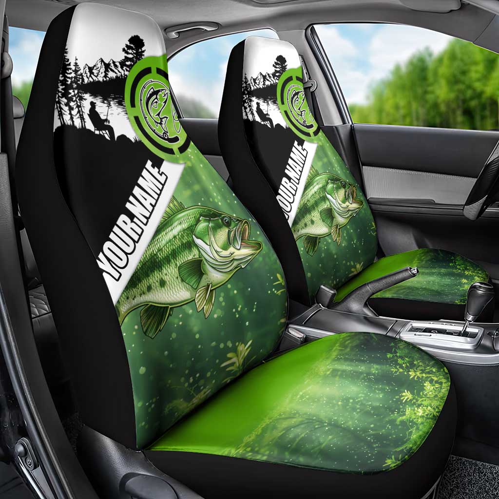 Green and Black Largemouth Bass Fishing Car Seat Cover Custom Name Design and Angler Silhouette Illustration - Wonder Print Shop