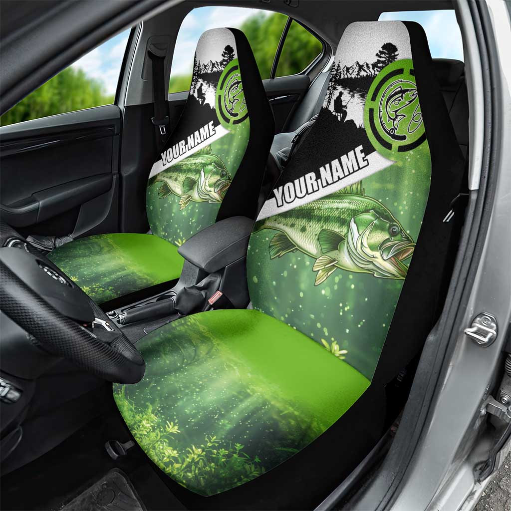 Green and Black Largemouth Bass Fishing Car Seat Cover Custom Name Design and Angler Silhouette Illustration - Wonder Print Shop