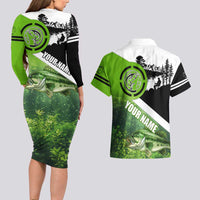 Green and Black Largemouth Bass Fishing Couples Matching Long Sleeve Bodycon Dress and Hawaiian Shirt Custom Name Design and Angler Silhouette Illustration - Wonder Print Shop