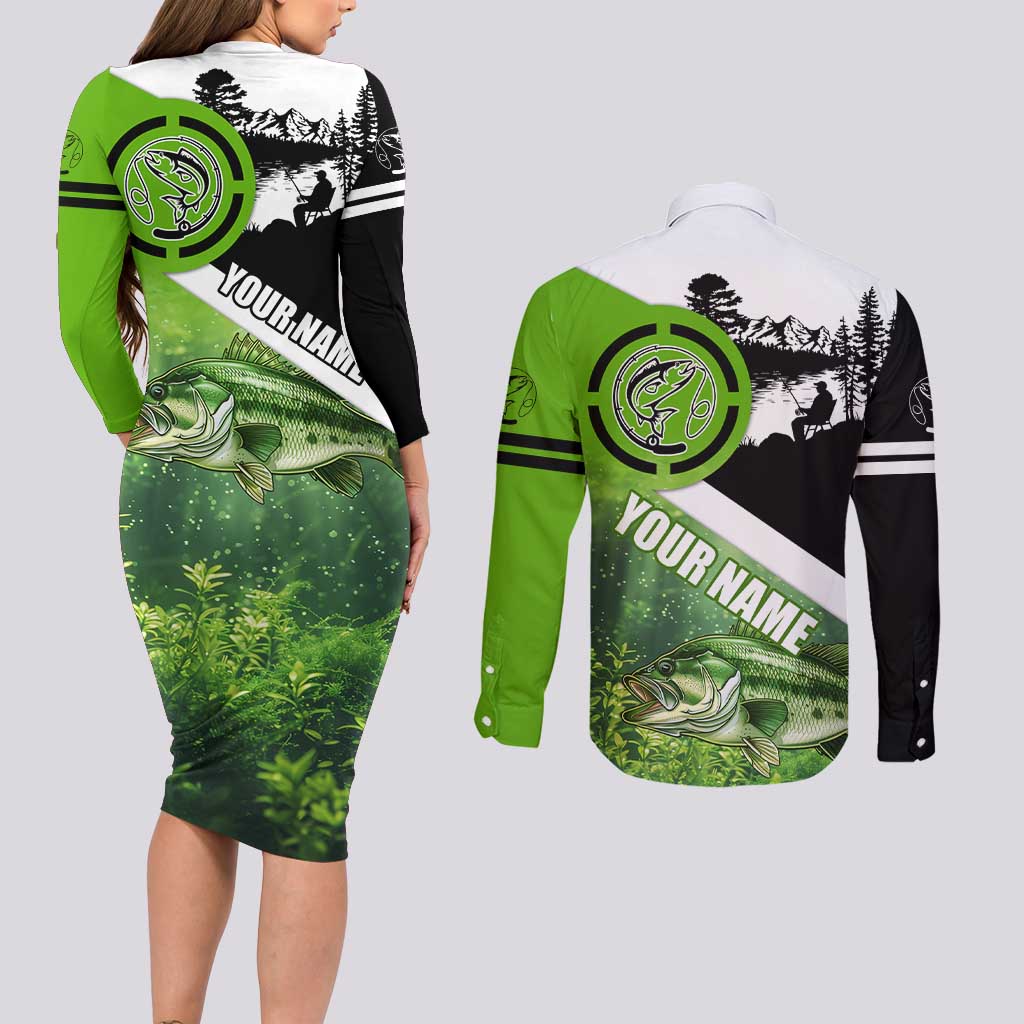 Green and Black Largemouth Bass Fishing Couples Matching Long Sleeve Bodycon Dress and Long Sleeve Button Shirt Custom Name Design and Angler Silhouette Illustration - Wonder Print Shop