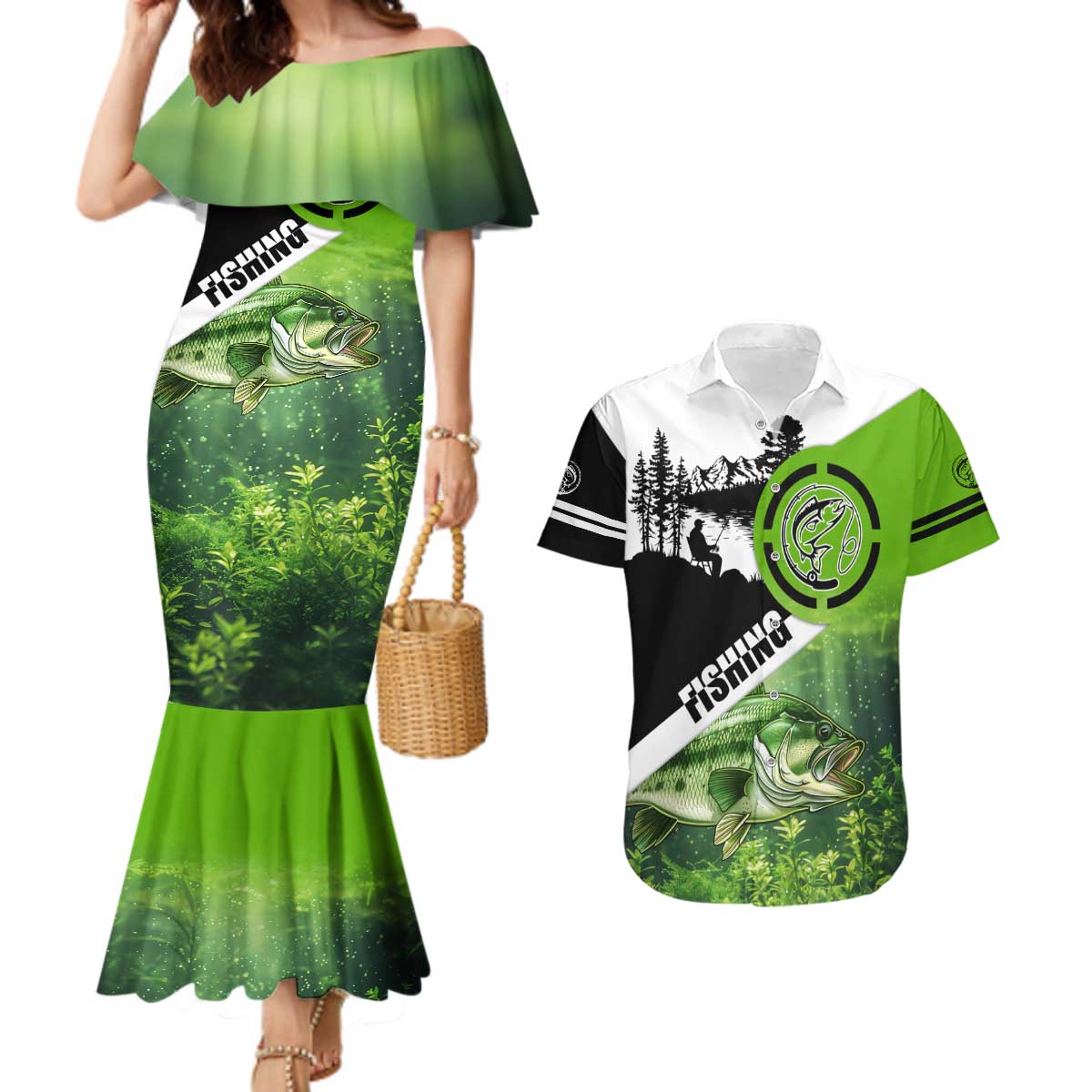 Green and Black Largemouth Bass Fishing Couples Matching Mermaid Dress and Hawaiian Shirt Custom Name Design and Angler Silhouette Illustration - Wonder Print Shop