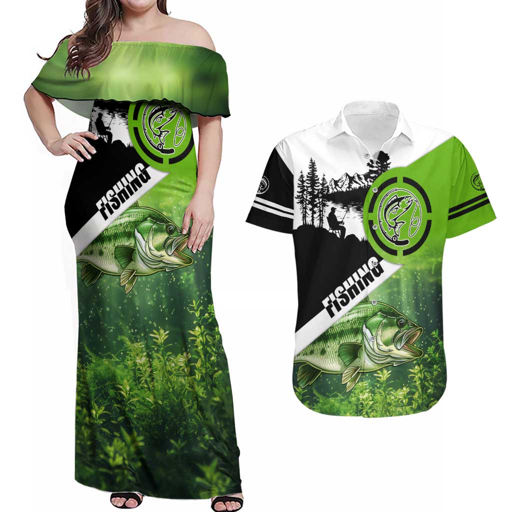 Green and Black Largemouth Bass Fishing Couples Matching Off Shoulder Maxi Dress and Hawaiian Shirt Custom Name Design and Angler Silhouette Illustration - Wonder Print Shop