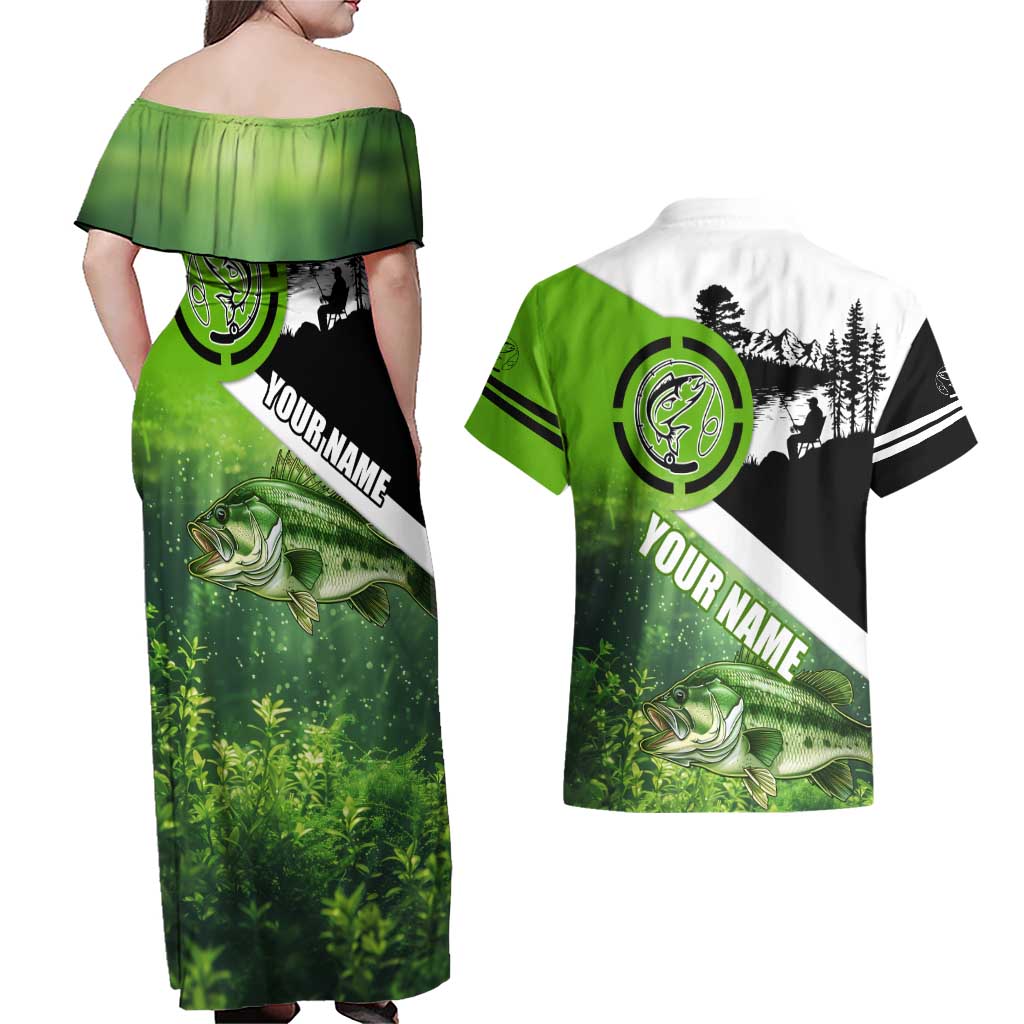 Green and Black Largemouth Bass Fishing Couples Matching Off Shoulder Maxi Dress and Hawaiian Shirt Custom Name Design and Angler Silhouette Illustration - Wonder Print Shop