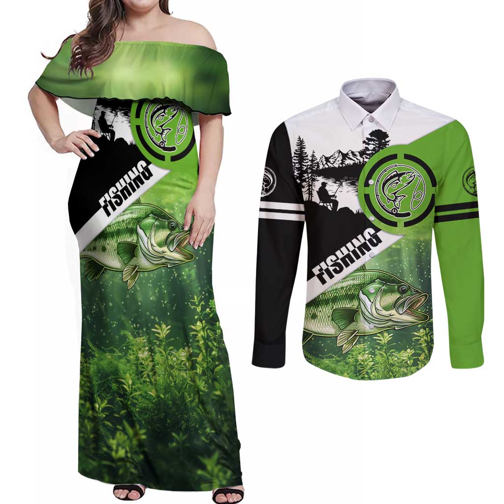 Green and Black Largemouth Bass Fishing Couples Matching Off Shoulder Maxi Dress and Long Sleeve Button Shirt Custom Name Design and Angler Silhouette Illustration - Wonder Print Shop