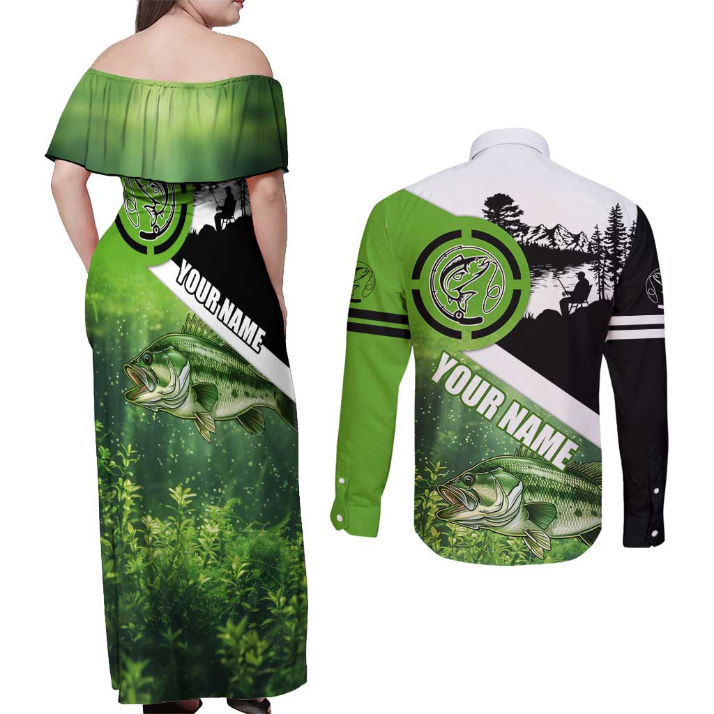 Green and Black Largemouth Bass Fishing Couples Matching Off Shoulder Maxi Dress and Long Sleeve Button Shirt Custom Name Design and Angler Silhouette Illustration - Wonder Print Shop