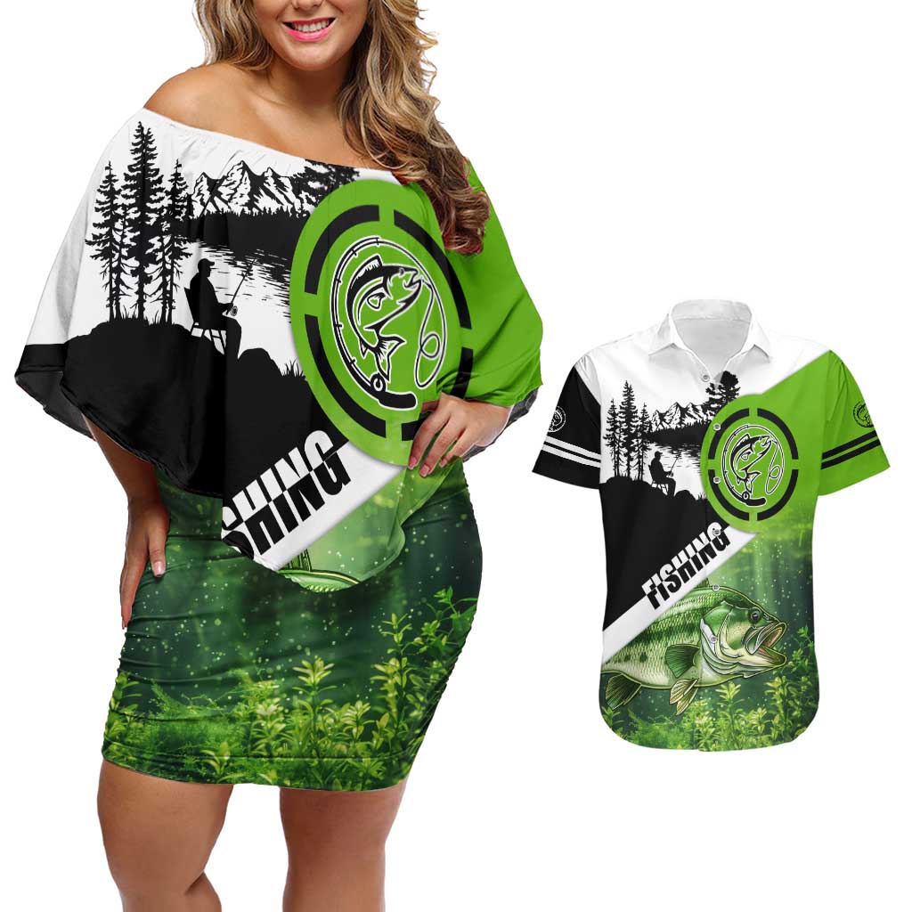 Green and Black Largemouth Bass Fishing Couples Matching Off Shoulder Short Dress and Hawaiian Shirt Custom Name Design and Angler Silhouette Illustration - Wonder Print Shop
