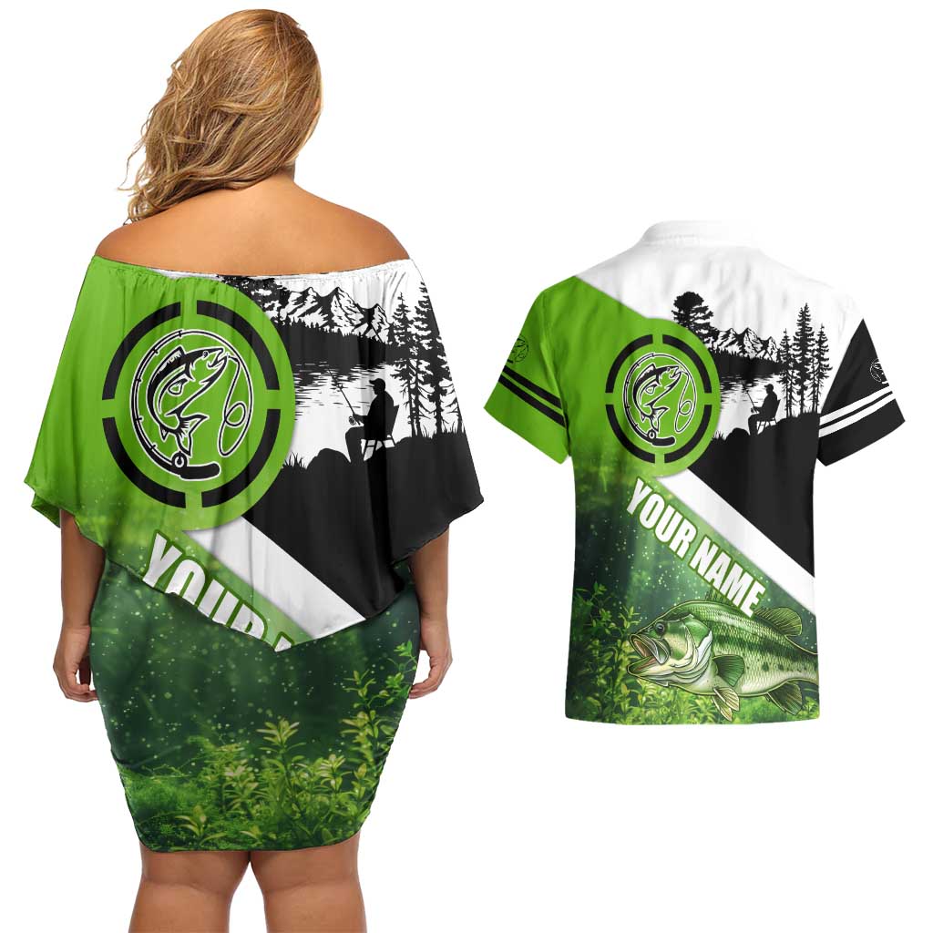 Green and Black Largemouth Bass Fishing Couples Matching Off Shoulder Short Dress and Hawaiian Shirt Custom Name Design and Angler Silhouette Illustration - Wonder Print Shop