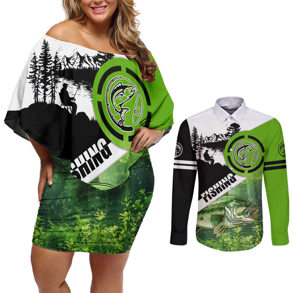 Green and Black Largemouth Bass Fishing Couples Matching Off Shoulder Short Dress and Long Sleeve Button Shirt Custom Name Design and Angler Silhouette Illustration - Wonder Print Shop