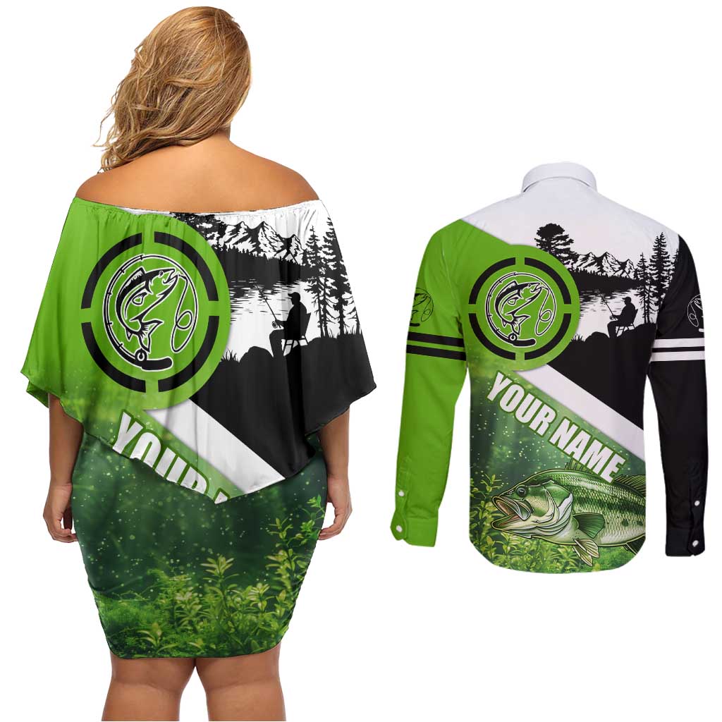 Green and Black Largemouth Bass Fishing Couples Matching Off Shoulder Short Dress and Long Sleeve Button Shirt Custom Name Design and Angler Silhouette Illustration - Wonder Print Shop