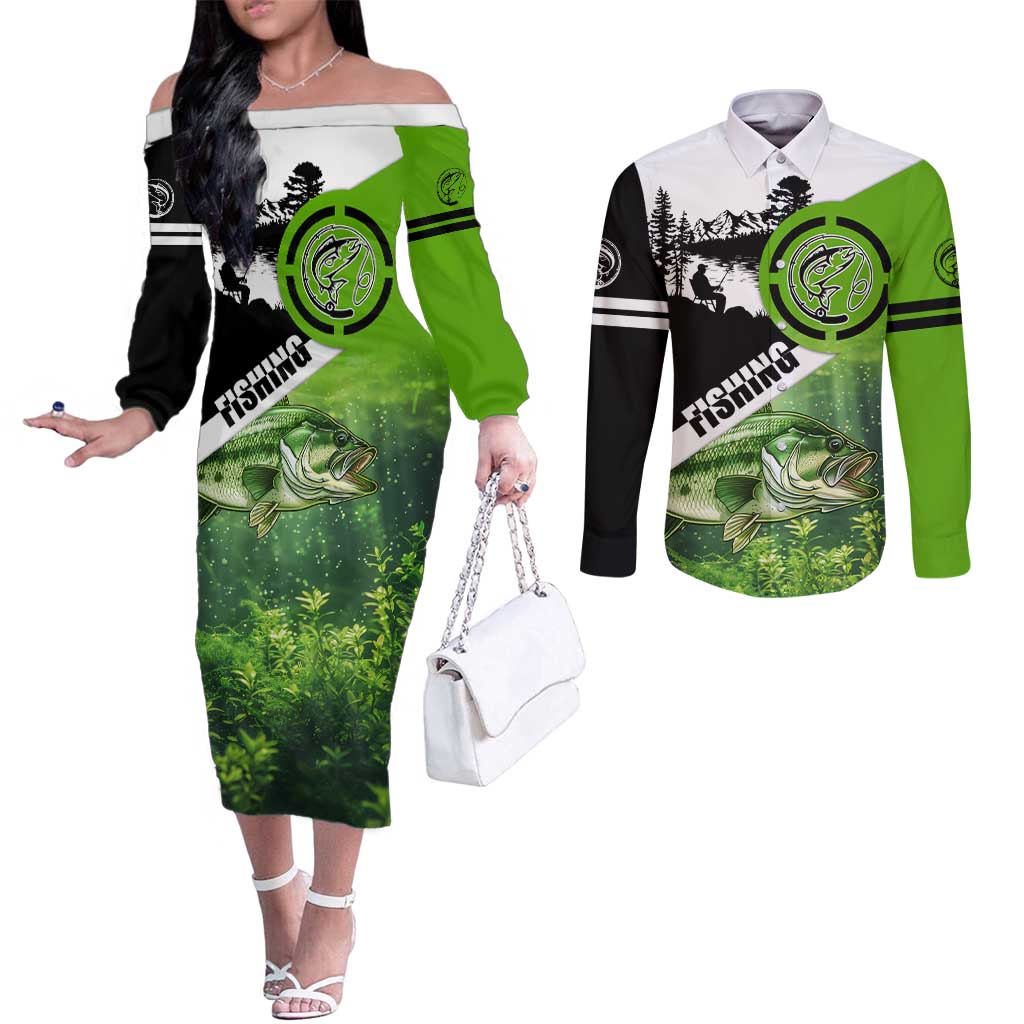 Green and Black Largemouth Bass Fishing Couples Matching Off The Shoulder Long Sleeve Dress and Long Sleeve Button Shirt Custom Name Design and Angler Silhouette Illustration - Wonder Print Shop