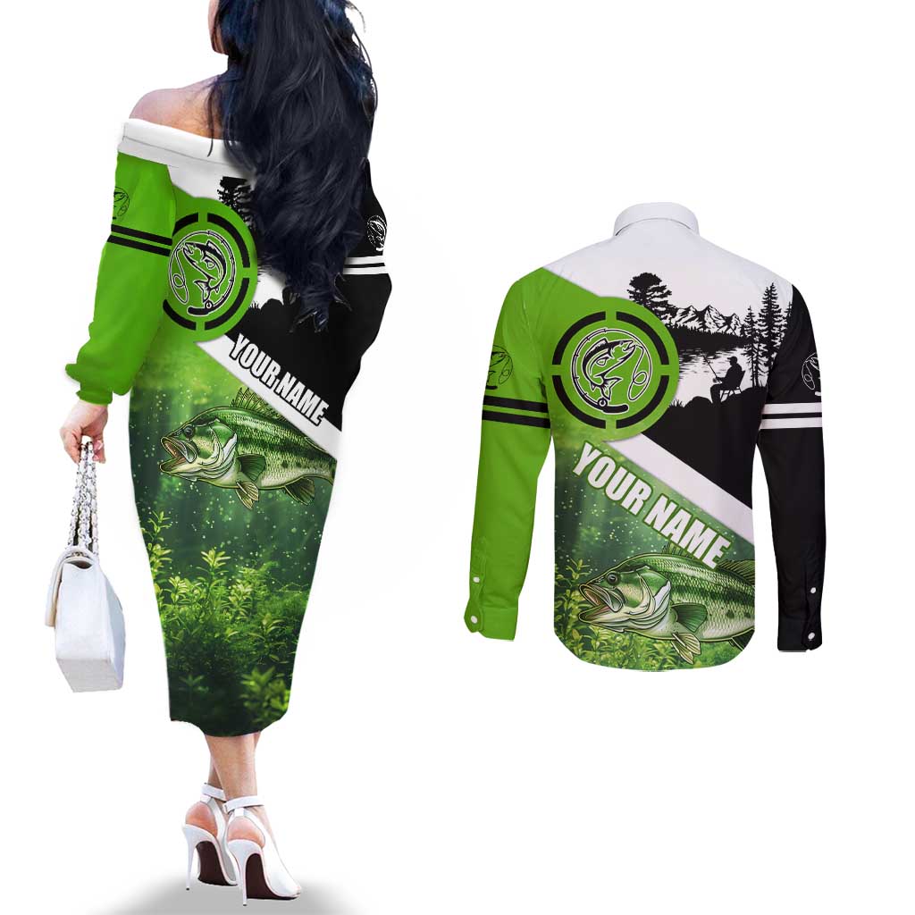 Green and Black Largemouth Bass Fishing Couples Matching Off The Shoulder Long Sleeve Dress and Long Sleeve Button Shirt Custom Name Design and Angler Silhouette Illustration - Wonder Print Shop