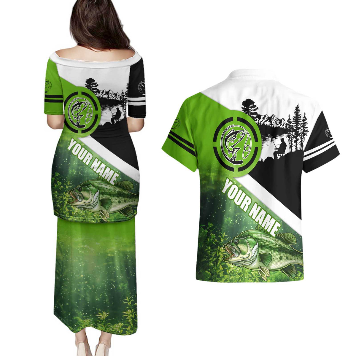 Green and Black Largemouth Bass Fishing Couples Matching Puletasi and Hawaiian Shirt Custom Name Design and Angler Silhouette Illustration - Wonder Print Shop