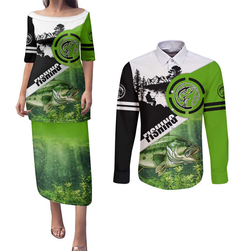 Green and Black Largemouth Bass Fishing Couples Matching Puletasi and Long Sleeve Button Shirt Custom Name Design and Angler Silhouette Illustration - Wonder Print Shop